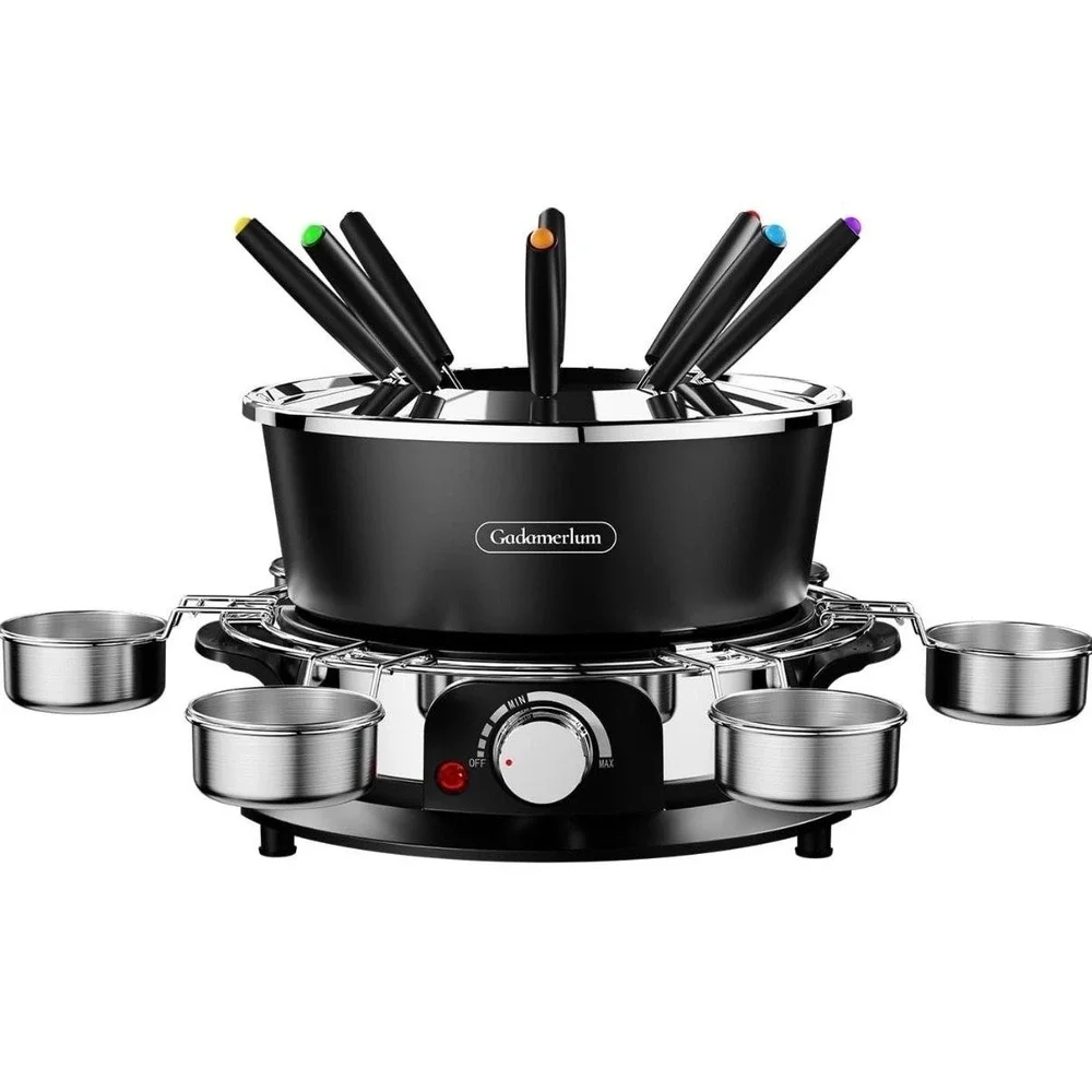 Gadamerlum Electric Fondue Pot Set 2L 1300W Black Cheese Chocolate 8 Forks Party